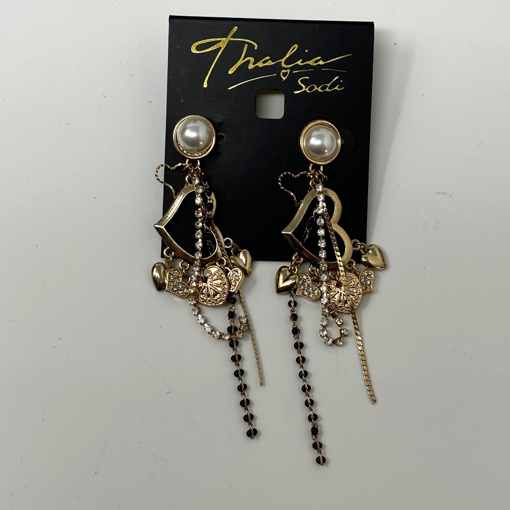 Thalia Sodi Womens Gold Tone Dangle Drop Earrings Hearts Chain Crystals Pearl 18$